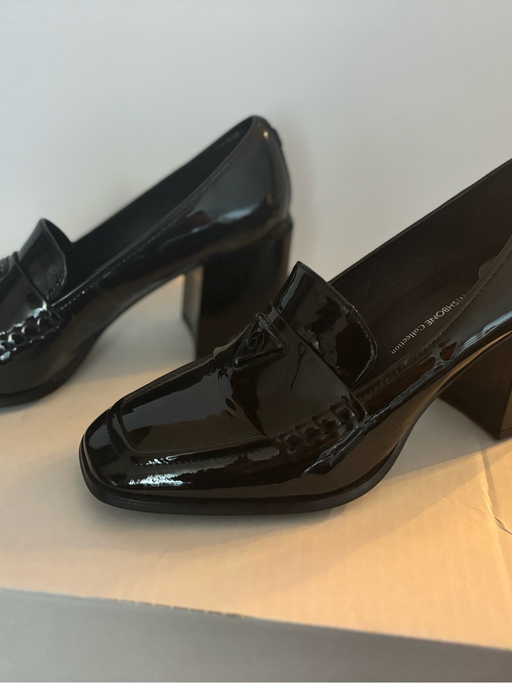 Patent Leather Block Heel Loafers - Black
